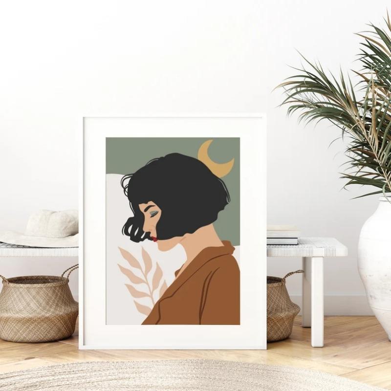 Boho Modern Eclectic Fashion Girl with Plants and Flowers Poster Woman Portrait Canvas Painting Modern Wall Art  Room Home Decor