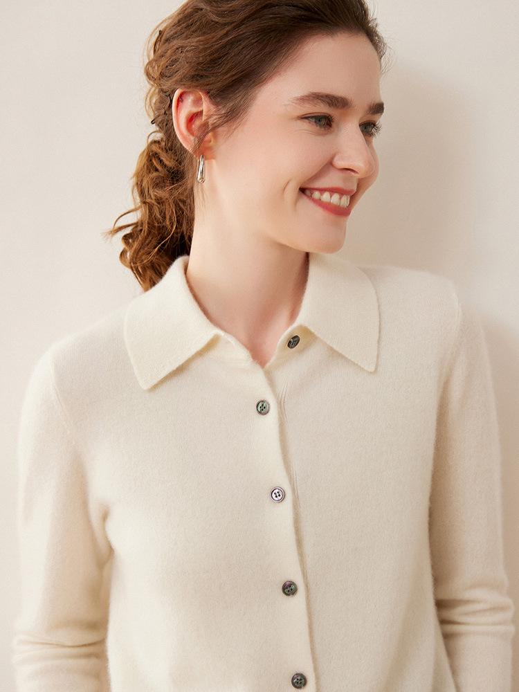 Women's Cashmere Polo Collar Knit Cardigan Sweater - Long Sleeve Lapel Knit Top