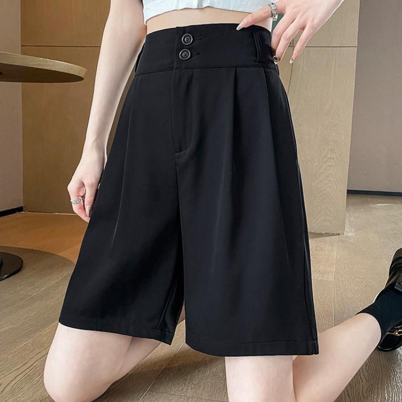 

Костюм шорты женские летние тонкие секции с высокой талией повседневные свободные брюки трапециевидной формы с пятью точками и широкими штанинами XL чёрный