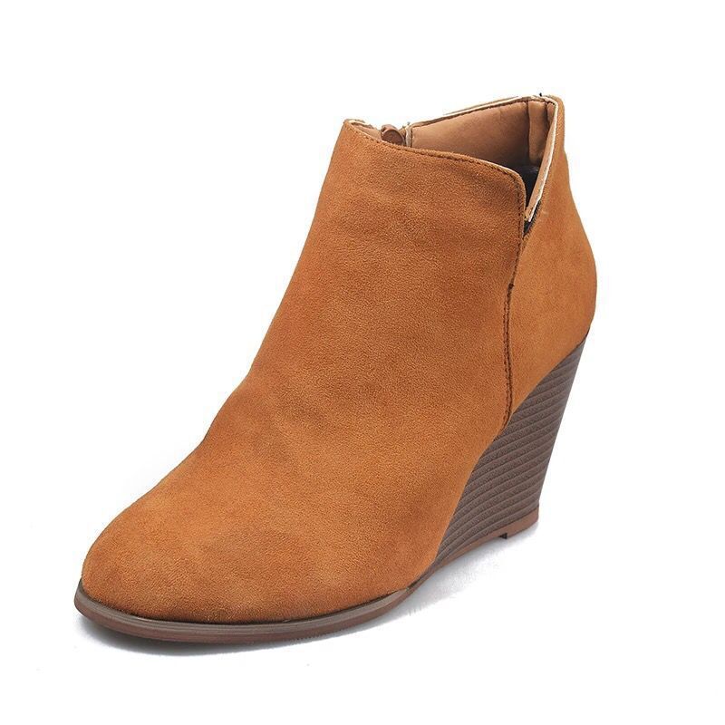 Autumn and Winter New Flat-bottomed Wedge Short Boots European and American Round Head Side Zipper Large Size Boots