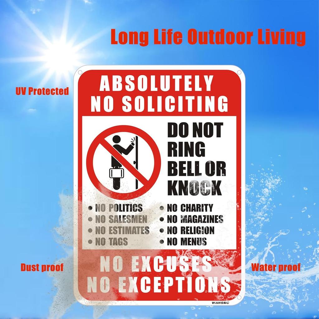 2PC No Soliciting Sign, No Excuses, No Exceptions Do Not Ring Bell Or Knock Sign, 7" X 10" - Aluminum, Funny Door Decoration for Home, Office, Yard,