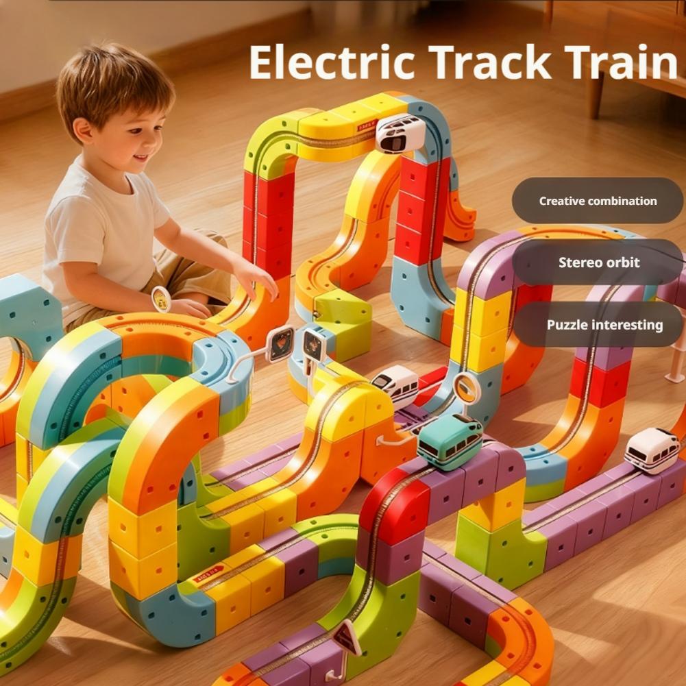 Cube DIY Assembly Rail Car Toys Kids Puzzle Electric Train Toys Intellectual Building Blocks Birthday Christmas Xmas Gift