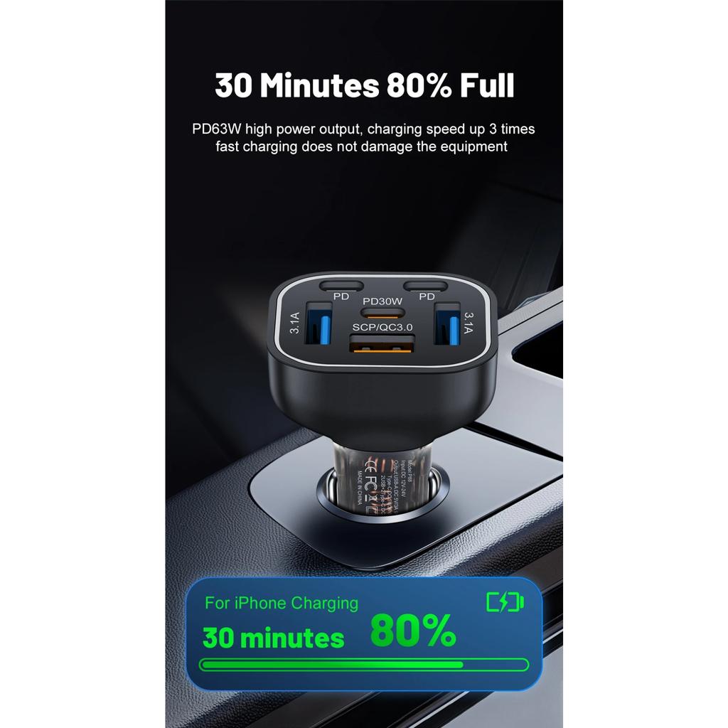 63W 6 In 1 PD Fast Charging Car Charger USB Quick Charge3.0 for IPhone 16 15 Samsung Xiaomi Type-C Car Phone Charger Adapter In Car