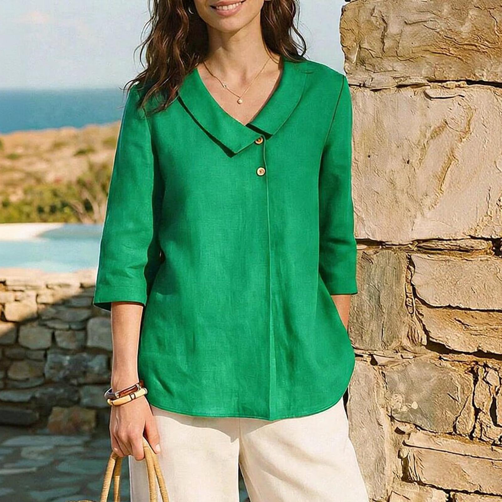 

Women s Full-length 3/4 Sleeve -color V-neck Fashionable Top L зелёный