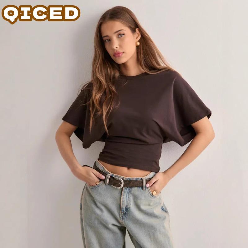 QICED Women's Fashion Casual Solid Color Print Short Sleeve O Neck Blouses & Shirts