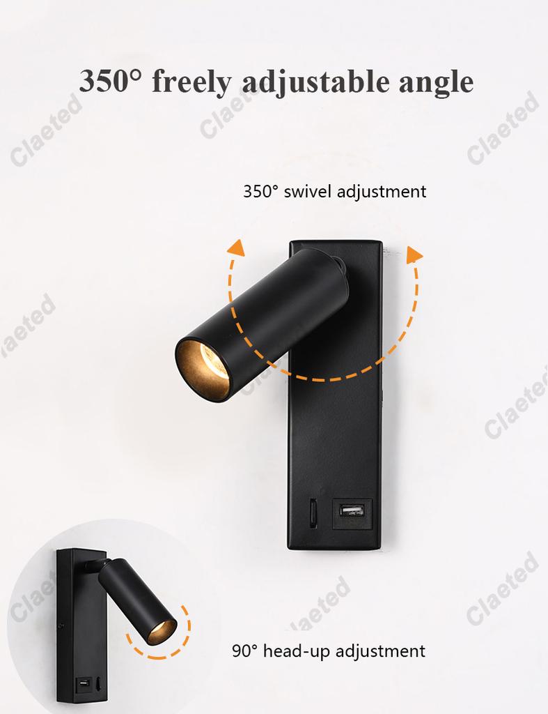 New Led Wall Lamp Sconce with Switch Black Brass Creative USB Port Reading Wall Lamp with 3W Spotlight for Bedroom Bedside