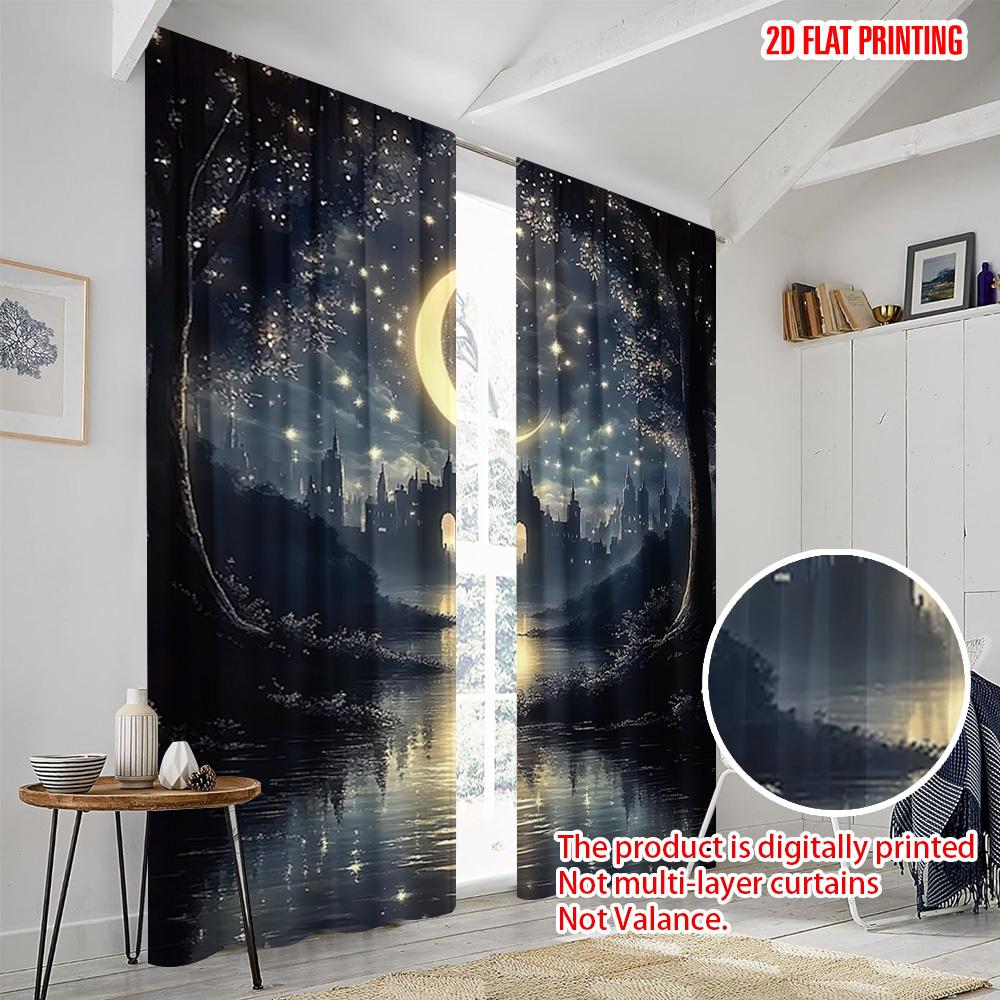 2pcs  2D Plane Printing Curtains&Window Treatment Starry Night Sky Durable 100% Polyester Fabric (without Rod) Festive for Living