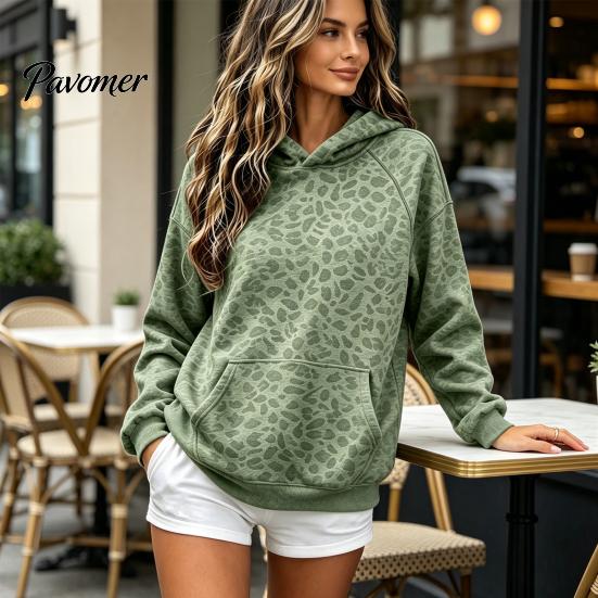 Sweatshirt with Front Pocket Women Leopard Print Hoodie, Oversized Drop Shoulder Hooded Pocket, Hoodie Long Sleeve Loose Casual Pullover Top