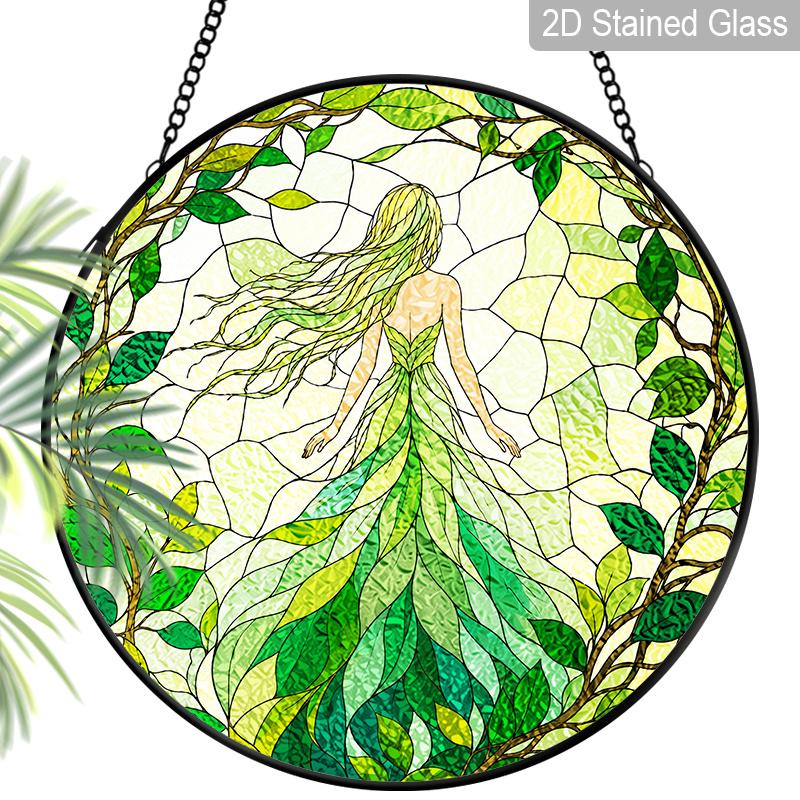 2D Flat Stained Glass Green Genie Window Decoration, 6.3/7.87inches Colored Glass Plate with Chain, Charming Indoor/Outdoor Spring Summer Sun Catcher