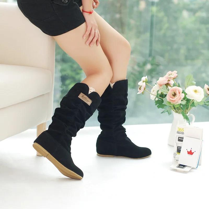 European and American Mid Length Snow Boots New Lace Inner Raised Matte Fashion Boots Botas Altas Plataforma Mujer