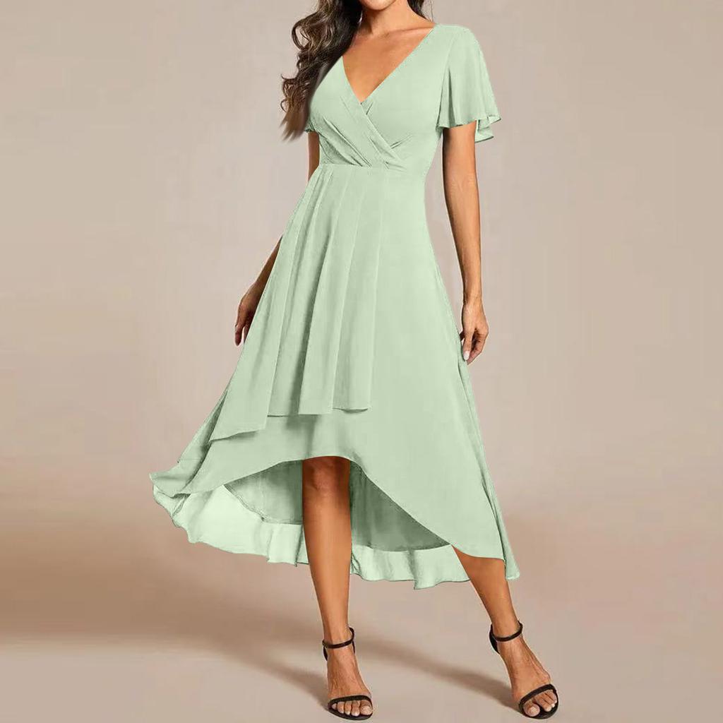Women's Summer Dress Slim Fit Dress Color Chiffon V Neck Short Sleeved Dress