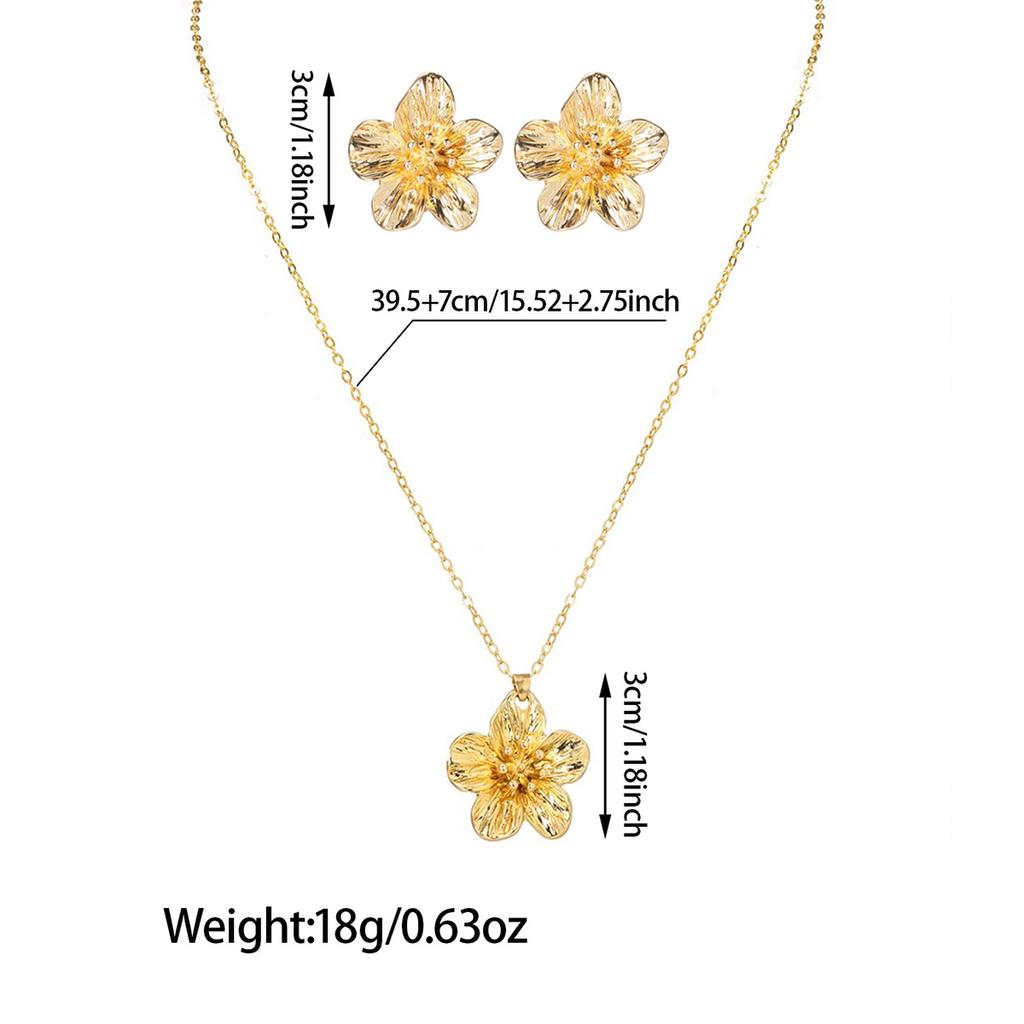 2-piece elegant and simple pleated flower pendant necklace with five petal flower earrings, versatile ladies' jewelry set