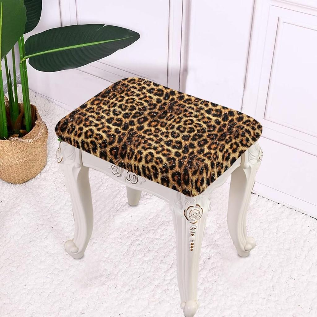 Leopard Chairs Covers Dustproof Vanity Stool Cover Rectangle Bar Stool Covers Non-Slip Elastic Footrest Stool Covers with Elastic Bands Bench Seat