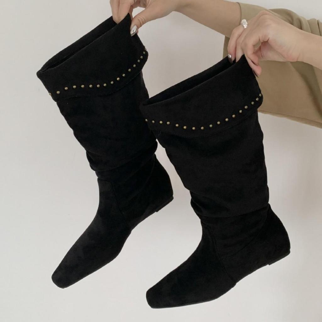 Lammleder Französische Nische Spitz Zehen Keilabsatz Slouch Cowboy Stiefel Damen 2025 Hohe Stiefeletten