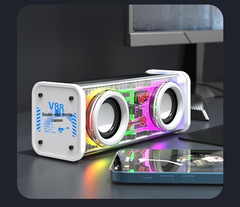 Cross-border V8 Bluetooth Speaker: Transparent Mecha Design, Heavy Bass, Long Battery Life, Portable, Colorful TWS Little Cannon.
