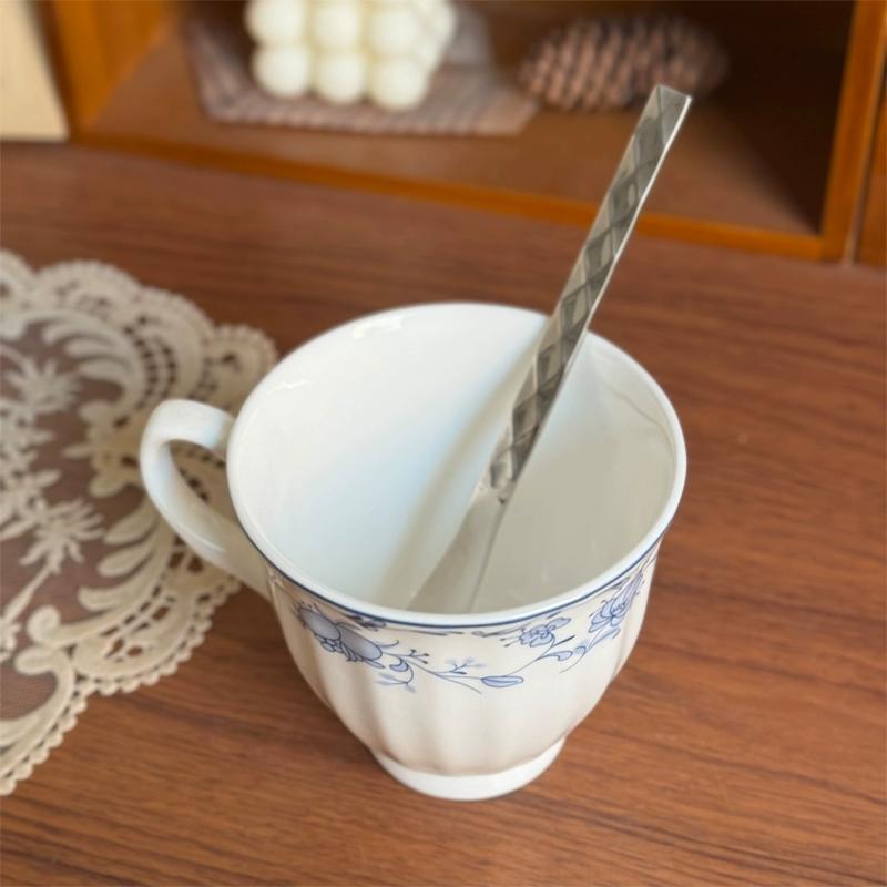 Vintage Blue Small Floral Bone China Cup 250ml - Vertical Pattern Ceramics Coffee Cup ,Tea Cup, Microwave Safe Tableware