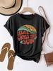 Women's HERE COMES THE SUN Graphic Print T-Shirt - Short Sleeve Crew Neck Casual Top with Vibrant Sunrise Design