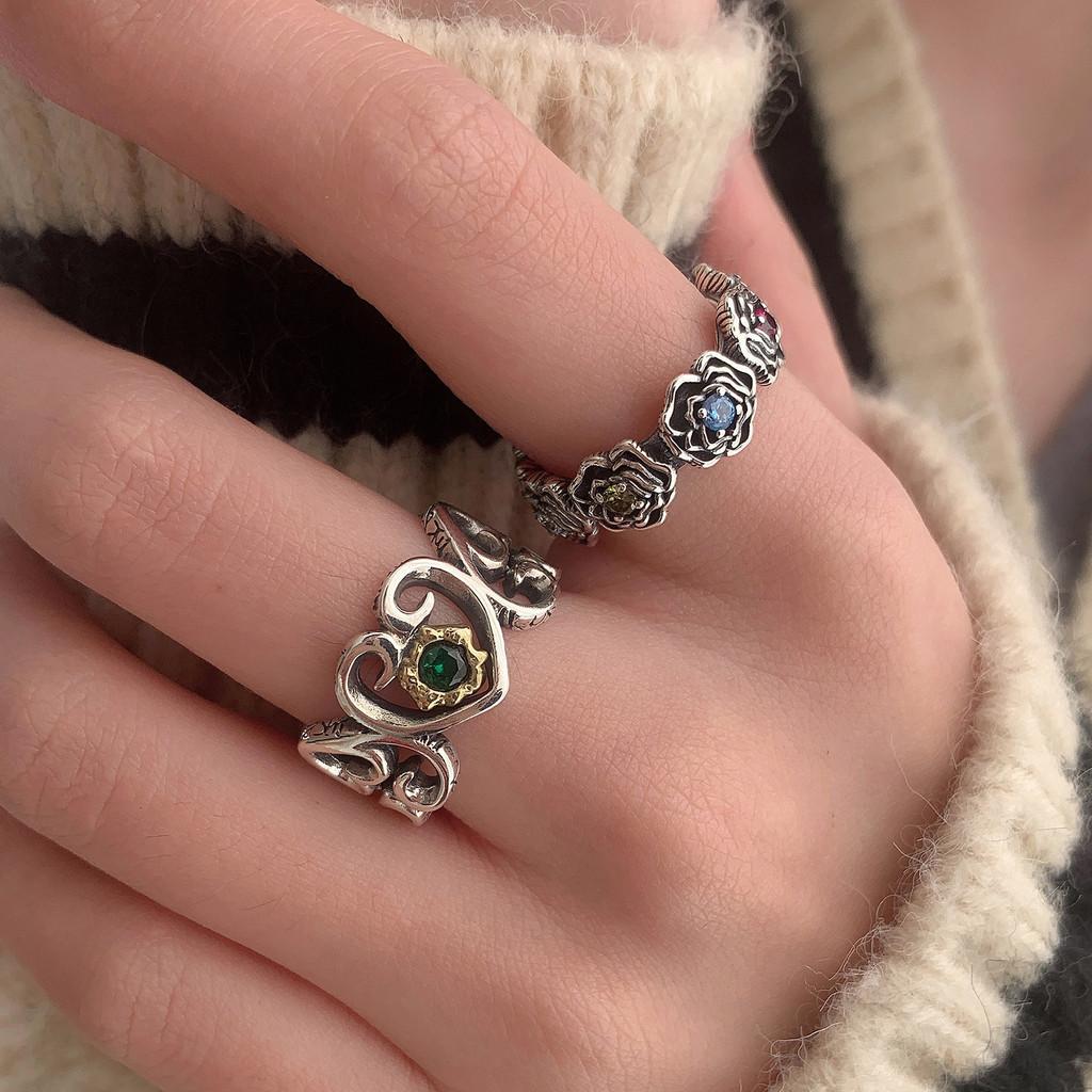 Elegant S925 Silver Rainbow Zircon Rose Flower Hollow Heart Adjustable Ring For Women