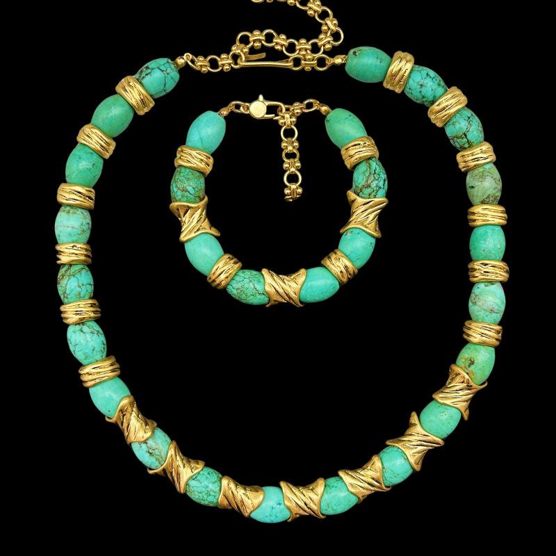 Vintage Heavy Industry Retro Natural Green Pine Temperament Versatile High End Necklace Bracelet Earnail Set