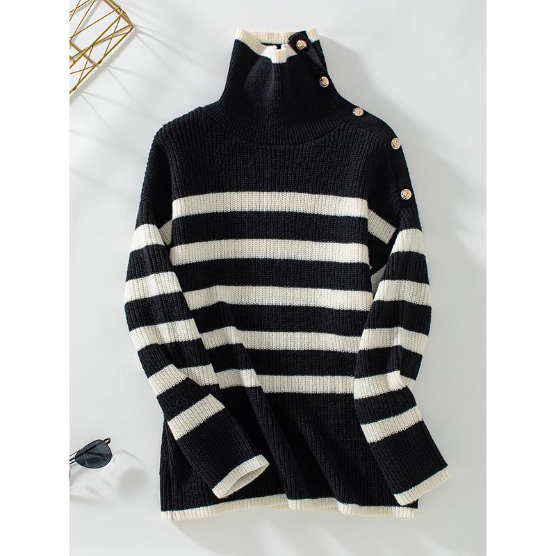 

Women Sweaters Long Sleeve Turn Down Collar Knit Pullovers Striped Jumpers Button High Street Splice Casual Autumn XL чорний