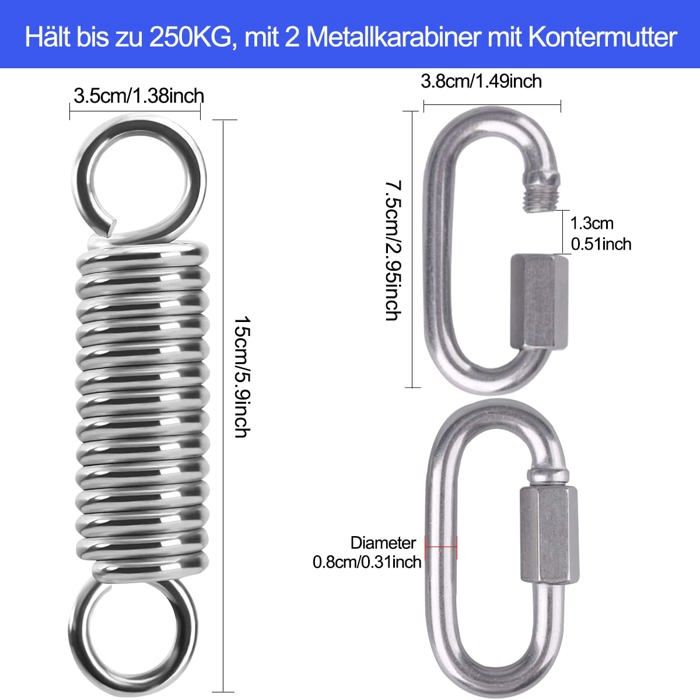 Ressort de suspension pour fauteuil/hamac en inox 304 — capacité 250 kg, crochet 360° et mousquetons