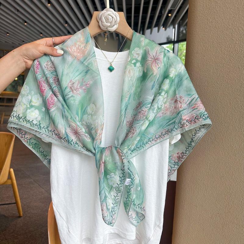 X110cm Floral Printed Square Scarf For Travel Sun Protection Air Conditioning Shawl