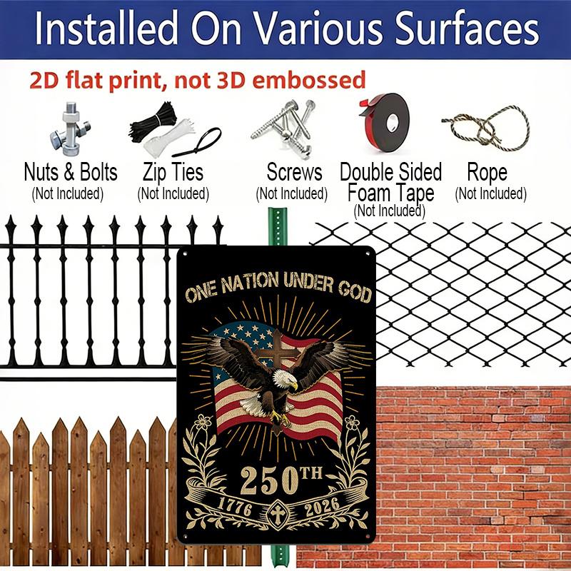 2D Flat Decorative 8×12 Inch Aluminum Plaque Metal Sign | One Nation Under God 250th Anniversary (1776-2026): Bald Eagle, Christian Cross & US Flag