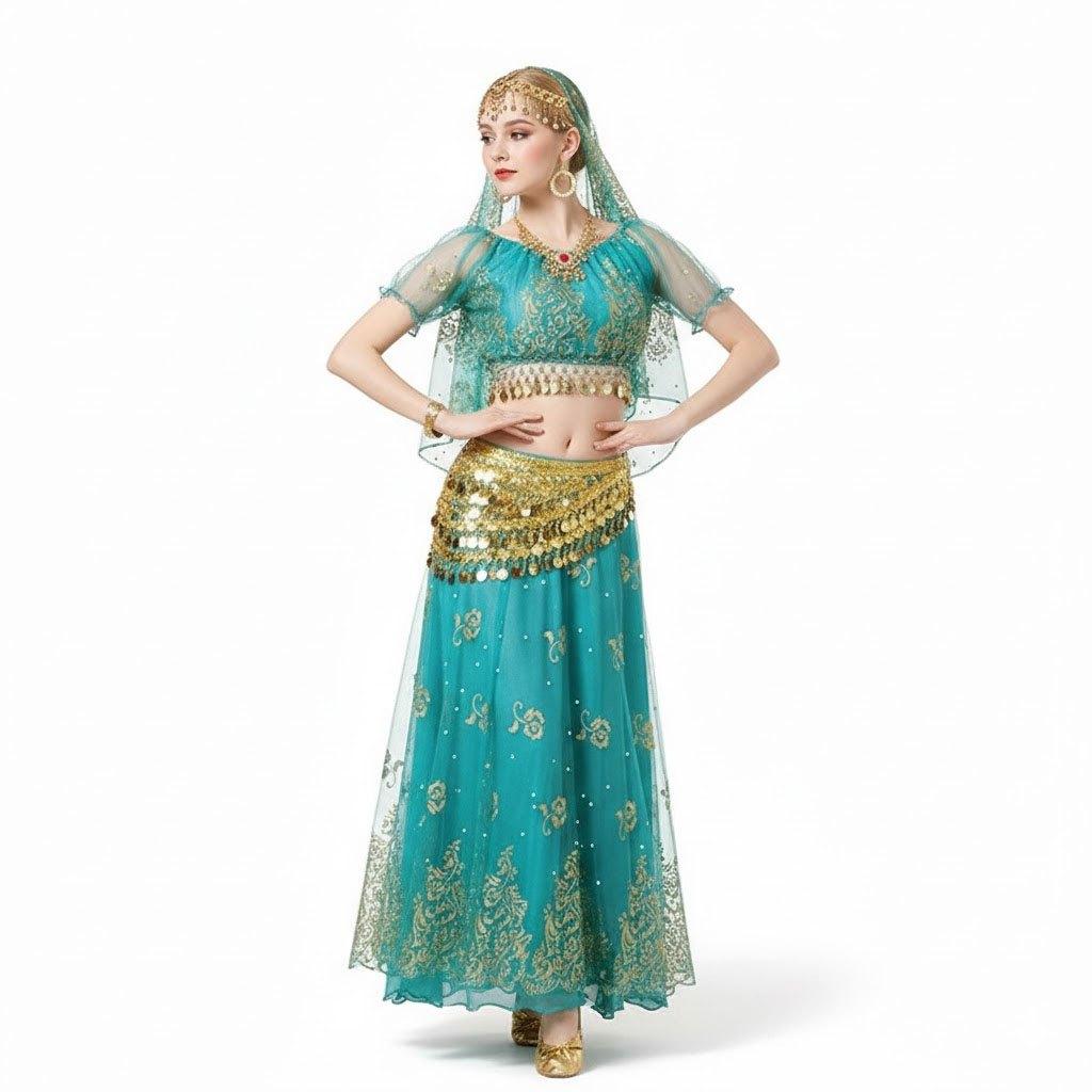 Arabian Princess Costume - Chiffon Belly Dance Suit with Veil - Bollywood Fancy Dress for Cosplay Party and Stage Show