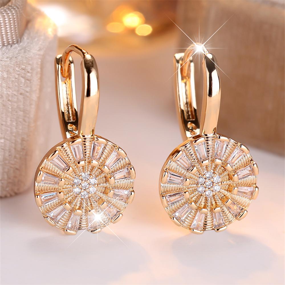 Luxury Crystal White Zircon Round Flower Hoop Earrings For Women Vintage Gold Color Ear Buckle Wedding Jewelry Versatile Gifts