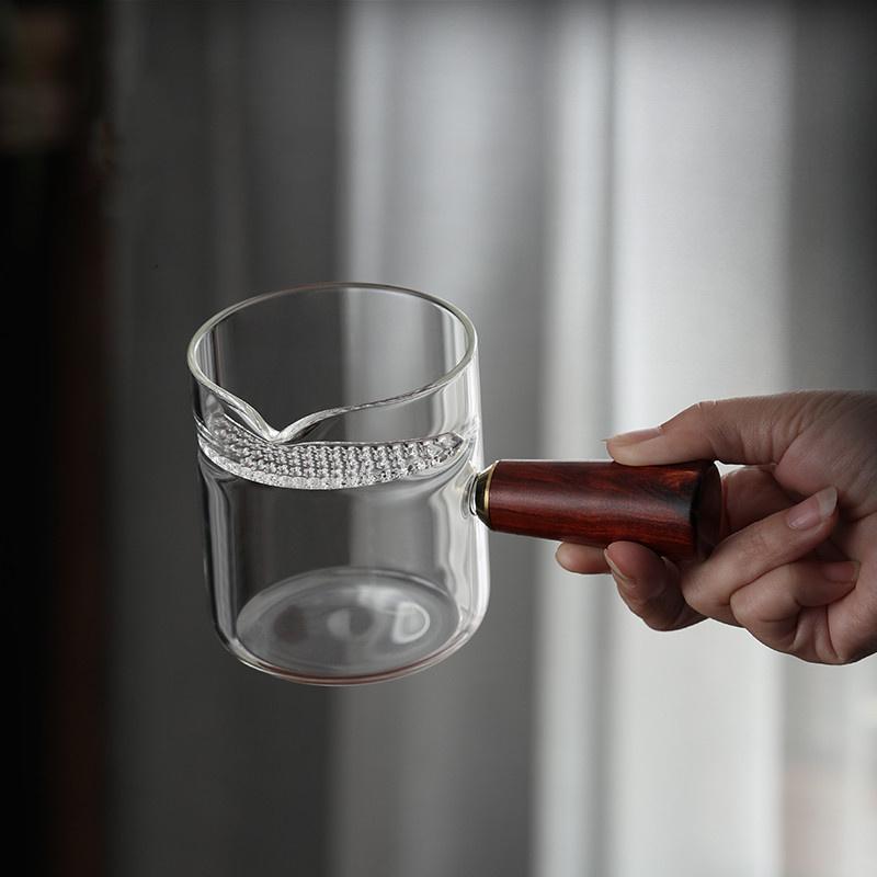 380ml Side Wooden Handle Heat Resistant Glass Tea Dispenser with Crescent Filter Fair Cup Tea Ceremony Kung Fu Tea Set