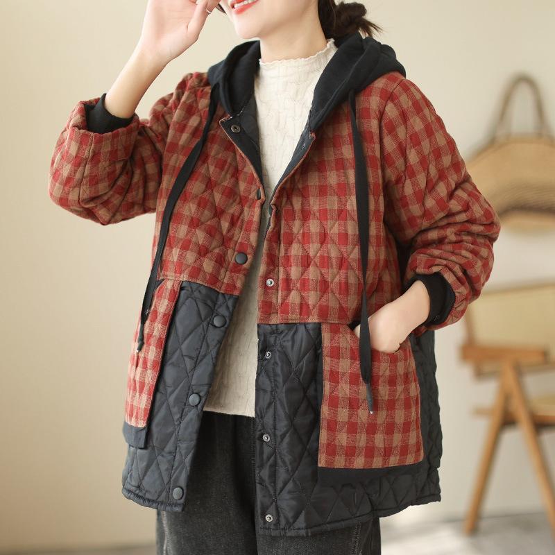 FASHION Spring and Autumn Thin Cotton-linen Cotton-padded Coat Plaid Women's 2024 New Large Size Loose Literary Hooded Cotton-padded Top Clothes