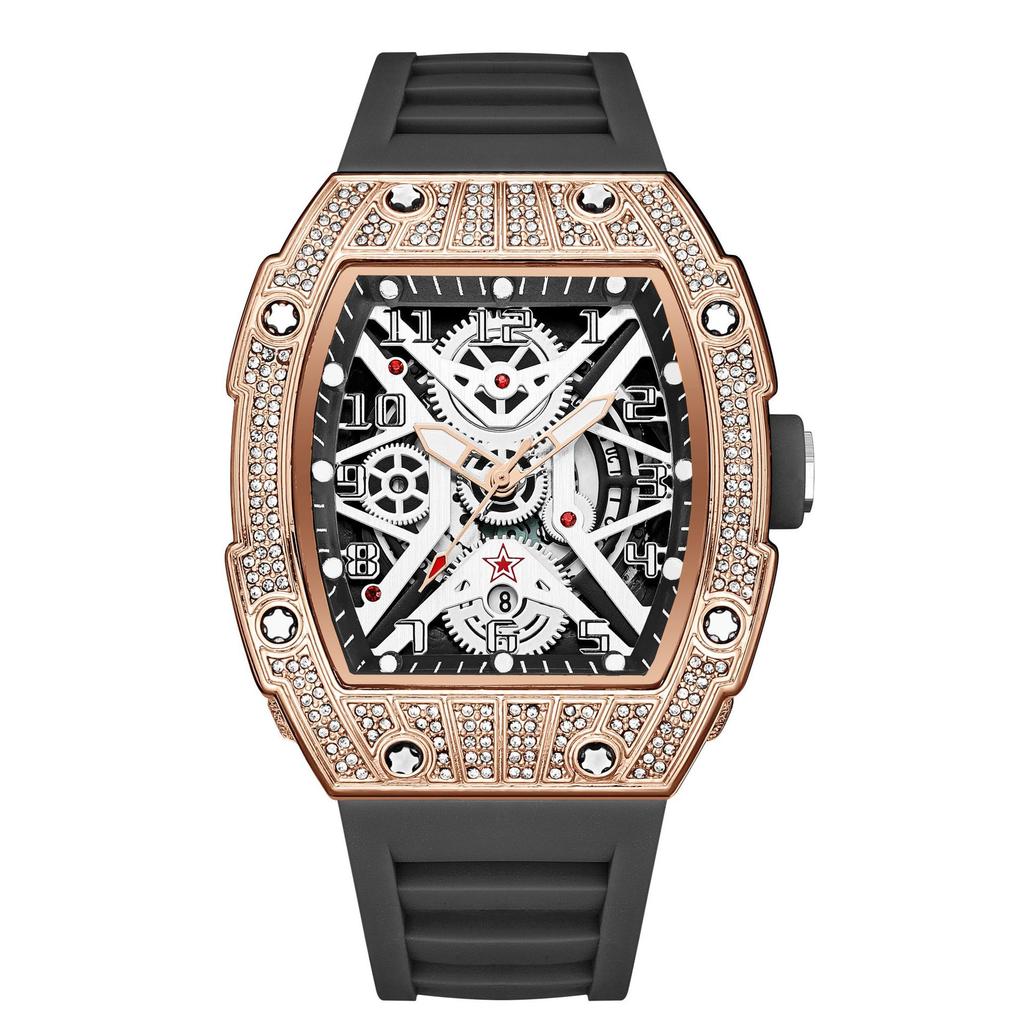 Series Hollow Wine Barrel Light Luxury Full Diamond High-End Casual Versatile Trend Luminous Men'S Watch