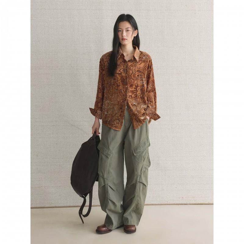 Early Japanese Retro Flocked Floral Print Sheer Shirt Loose Fit Long Sleeve Top Women