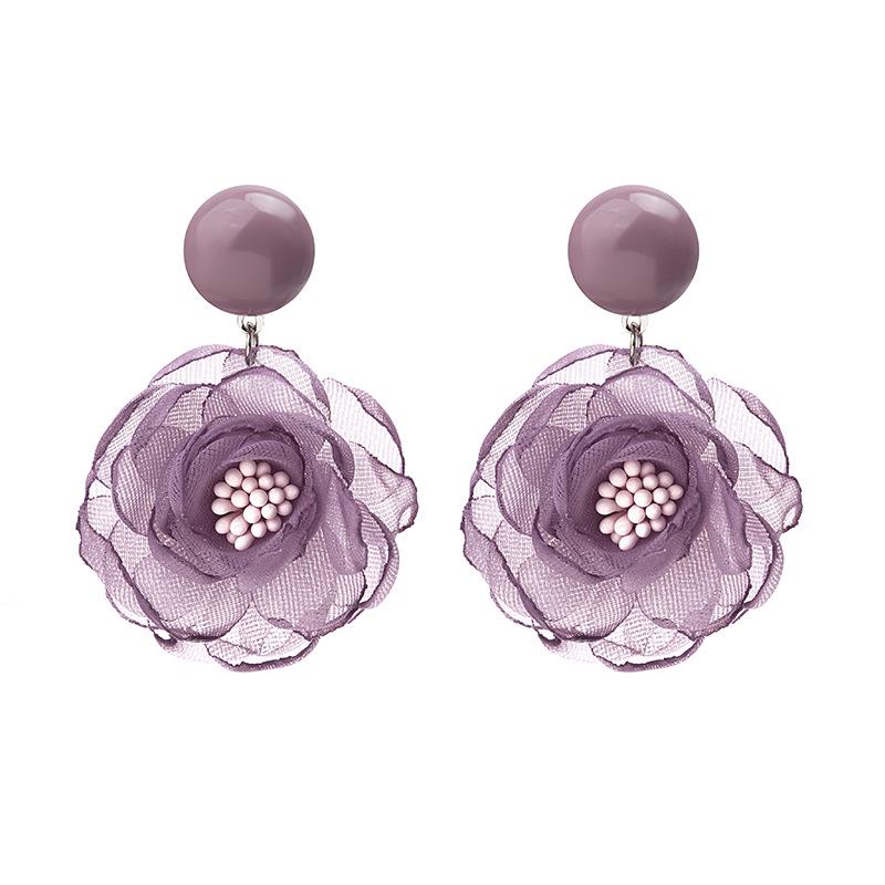 

Японские и корейские серьги-цветы из шифона и кружева - дизайн с фиолетовыми и зелеными лепестками для женщин