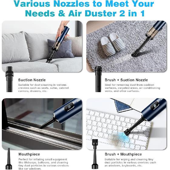 Car Vacuum, Portable Handheld Vacuum Cordless, 14000PA Powerful Suction Vacuum Cleaner With LED Light And Air Duster 2 In 1,Low Noise Rechargeable