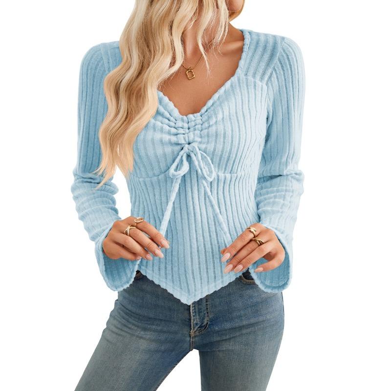 Autumn and Winter Women's Drawstring Long Sleeve Blouse Pit Stripe Short Top