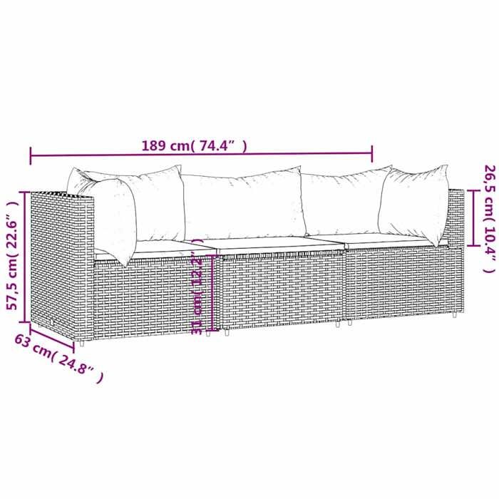 VidaXL Salon de jardin 3 pcs avec coussins Noir Résine tressée, ensemble de salon d'extérieur, ensemble de mobilier 319734