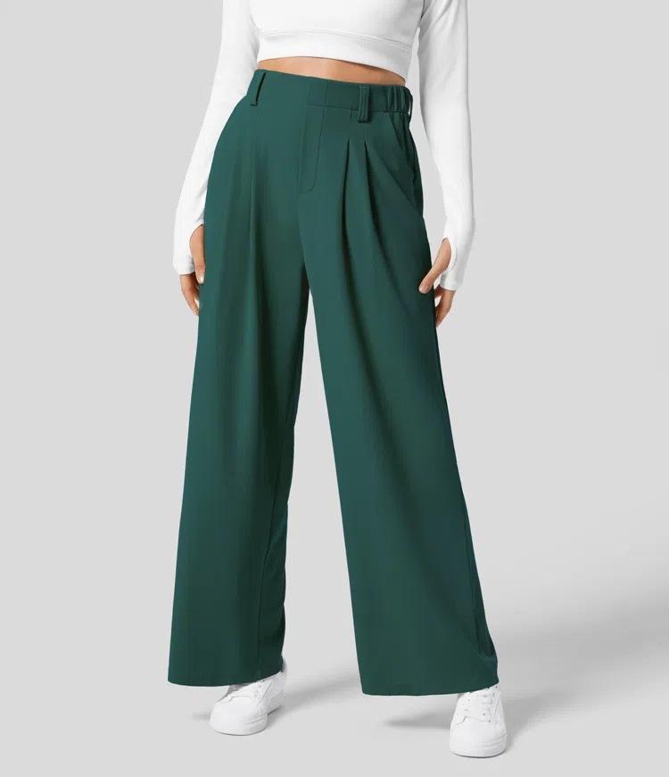 Women's High Waist Pleated Wide Leg Dress Pants Solid Color Office Business Trousers With Side Pockets