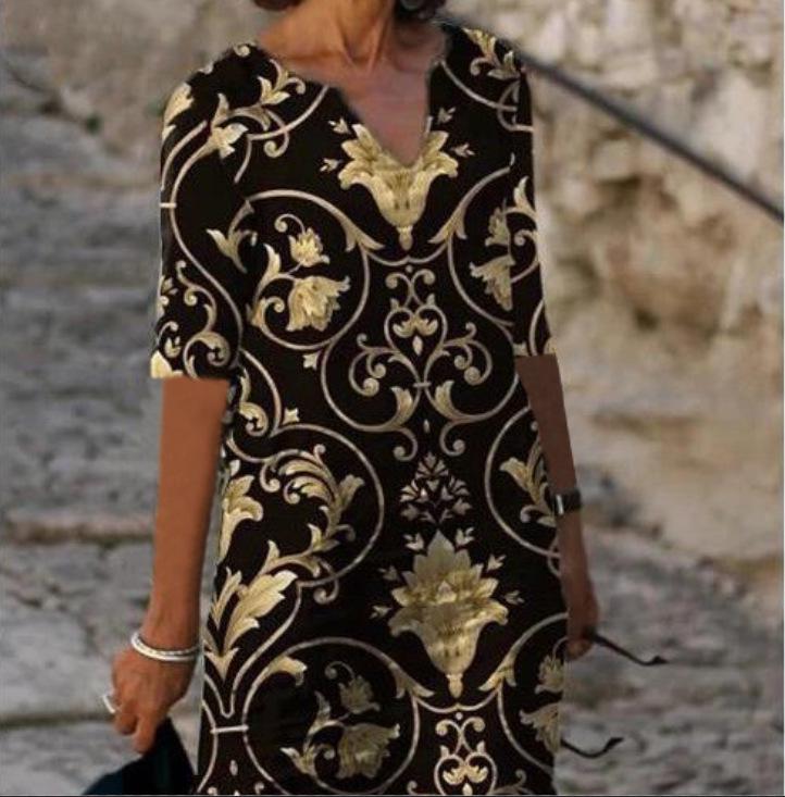 2025 Spring/Summer V-Neck Retro Print Dress for Middle-Aged Women