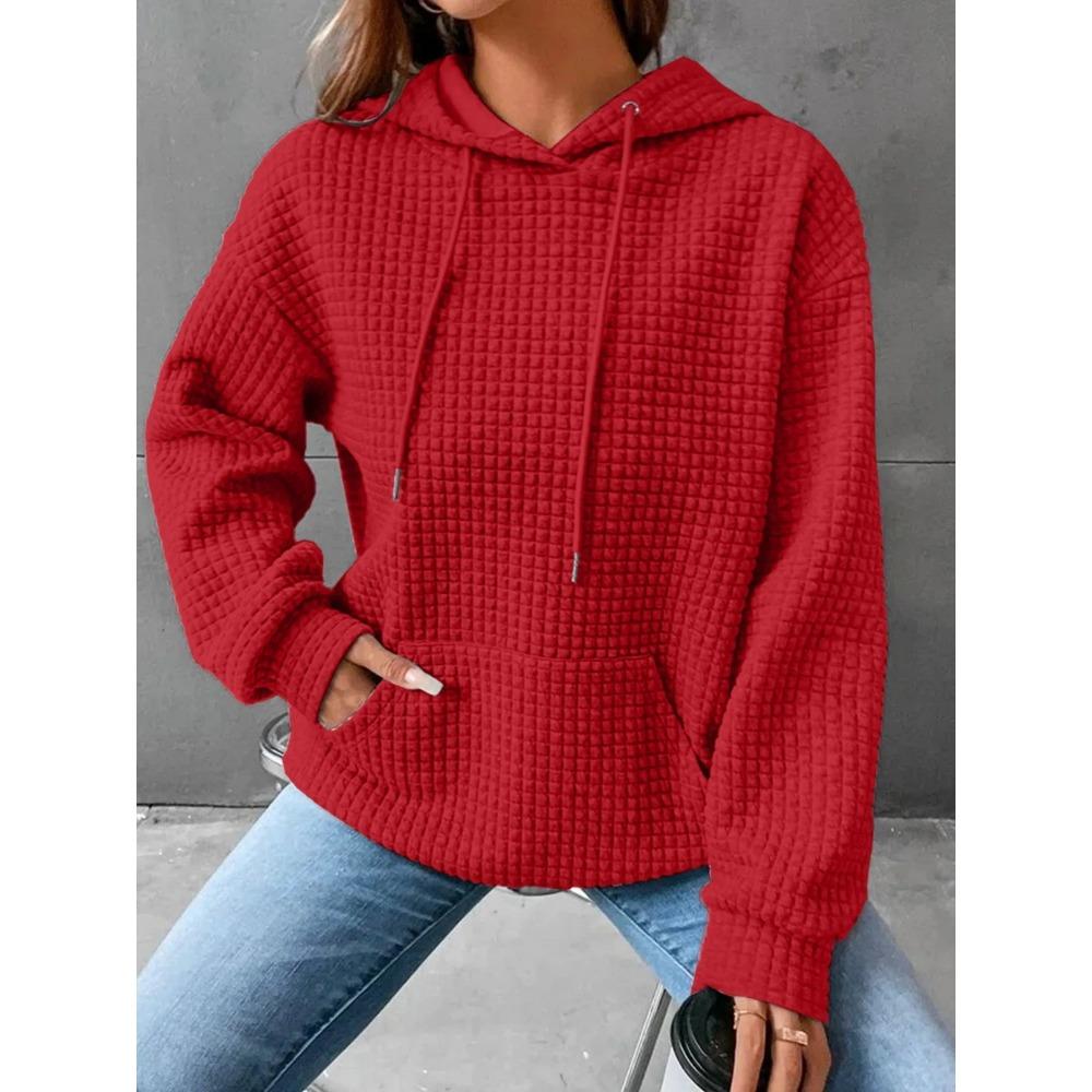 Women's Hooded Sweatshirt Spring and Autumn Style Waffle Fashion Beautiful Solid Color Hooded Drawstring Loose Sweatshirt