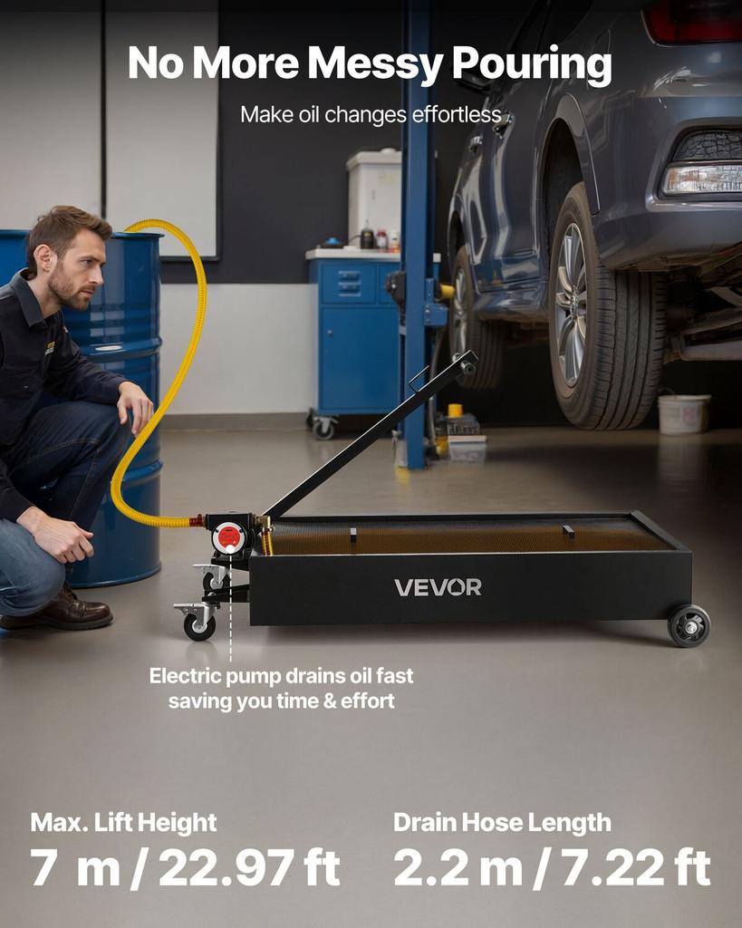 Low Profile Oil Drain Pan, 75.7 L Capacity, Rolling Oil Drain Pan with Electric Pump & 2.2 M Hose, Leak-proof & Corrosion-resistant, Fit for Cars,