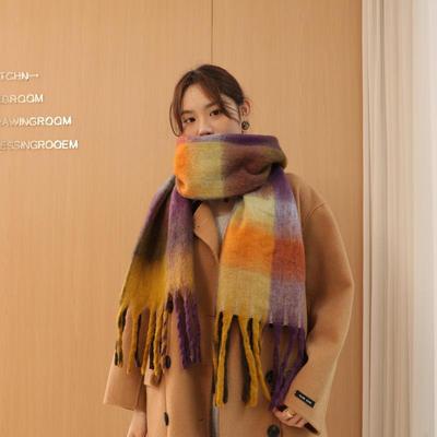 AC INS Style Mohair Checkered Shawl Scarf - Autumn/Winter, Tassel, Contrast Color