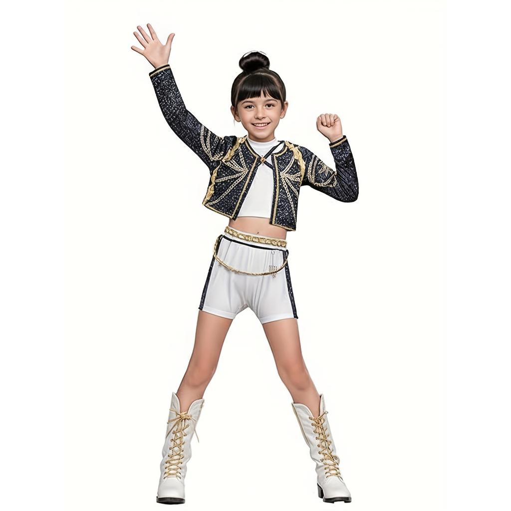 3-piece Set of Kpop Girl Group Costumes, Children's Kpop Performance Costumes, White Party Girl Group Stage Costumes for Idol Singers
