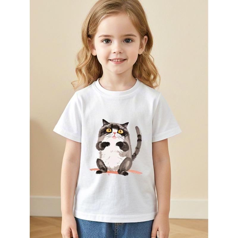 European Sizes Cute Owl Print Cotton T-Shirt - Soft Round Neck Short Sleeve Top with Adorable Owl & Owl Face Design, Casual Attire for Kids