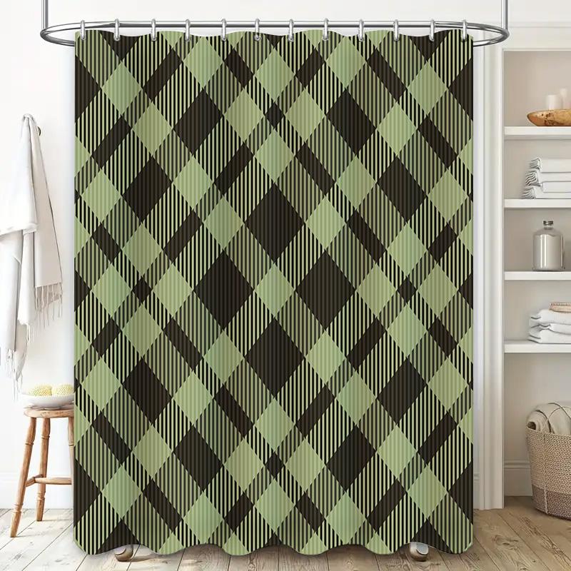 Green Plaid Shower Curtain Waterproof Bathroom Decor Large Size Print Pattern Washable Polyester Bath Mat