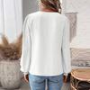 Women Short V-Neck Half Open Collar Lace Stitching Long-Sleeved Shirt Solid Color Loose Fit Pullover