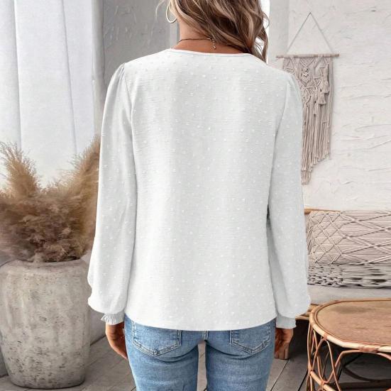 Women Short V-Neck Half Open Collar Lace Stitching Long-Sleeved Shirt Solid Color Loose Fit Pullover