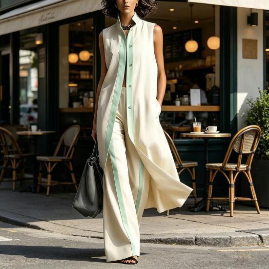 Women's 2 Piece Sets Color Block Sleeveless Button Down Shirts Matching Long Pants with Pockets Summer Casual Vacation Outfits
