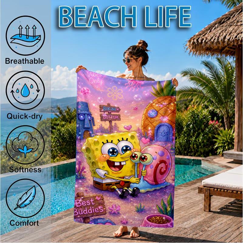 Sponge Underwater Adventure Beach Towel, Super Soft Microfiber, Perfect Gift for Her/Him, Birthday, for Pool, Beach, Travel, Decor Beach Party