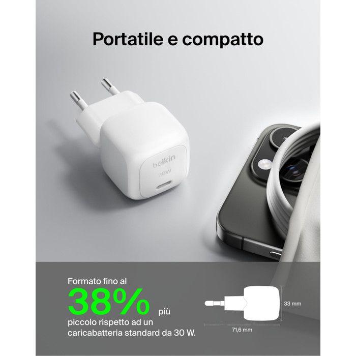 Belkin Caricabatterie USB-C 30W Rapido Da Muro Per iPhone iPad Samsung Galaxy Bianco